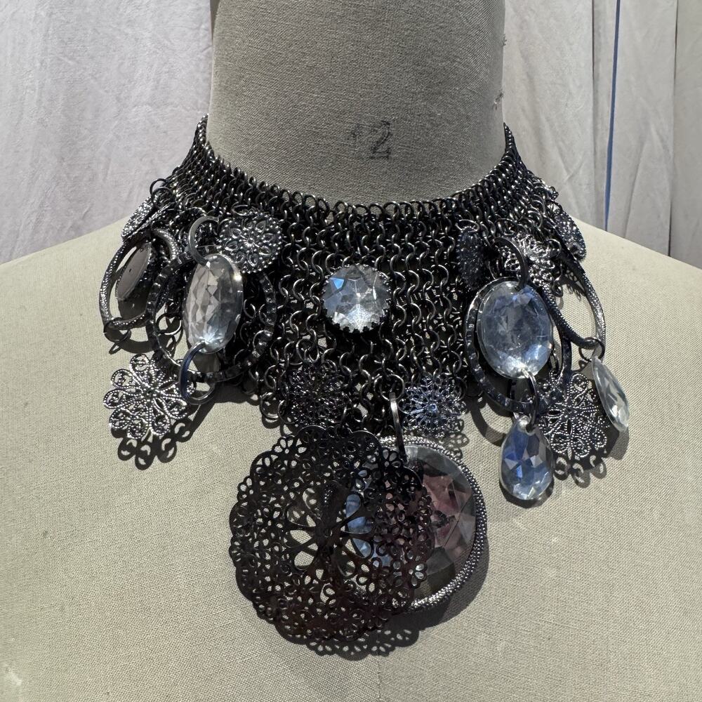 Gunmetal Chain Mail , Crystals And Charms Choker Statement Necklace Unworn!